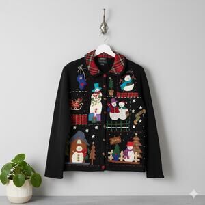 Studio Joy · XL Christmas Cardigan Sweater Snowman Santa Embroidered Plaid Trim